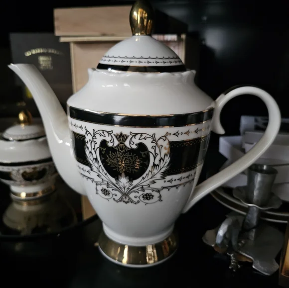 NIB Angioletti Designs Black Gold Scallop Porcelain 3-Pc Tea Set Teapot Sugar - Picture 6 of 14